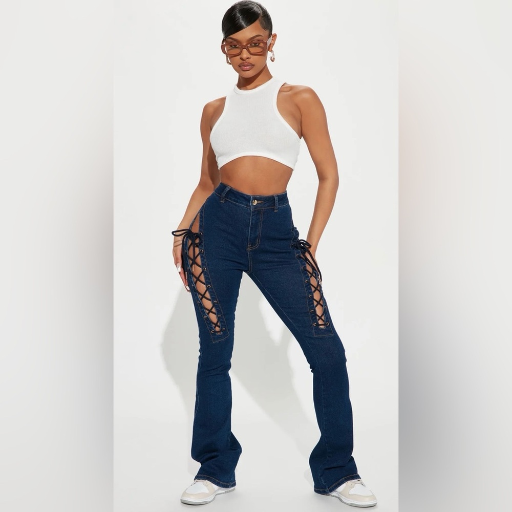NWT - Fashion Nova Lace-Up Flare Jeans | Dark Wash High-Rise Denim
